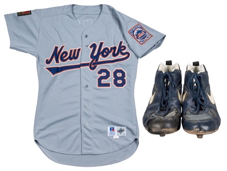 Lot of (2) Bobby Jones Game Used New York Mets 1994 Road Jersey & 1997 Nike Cleats (Signed) (JT Sports & Beckett)